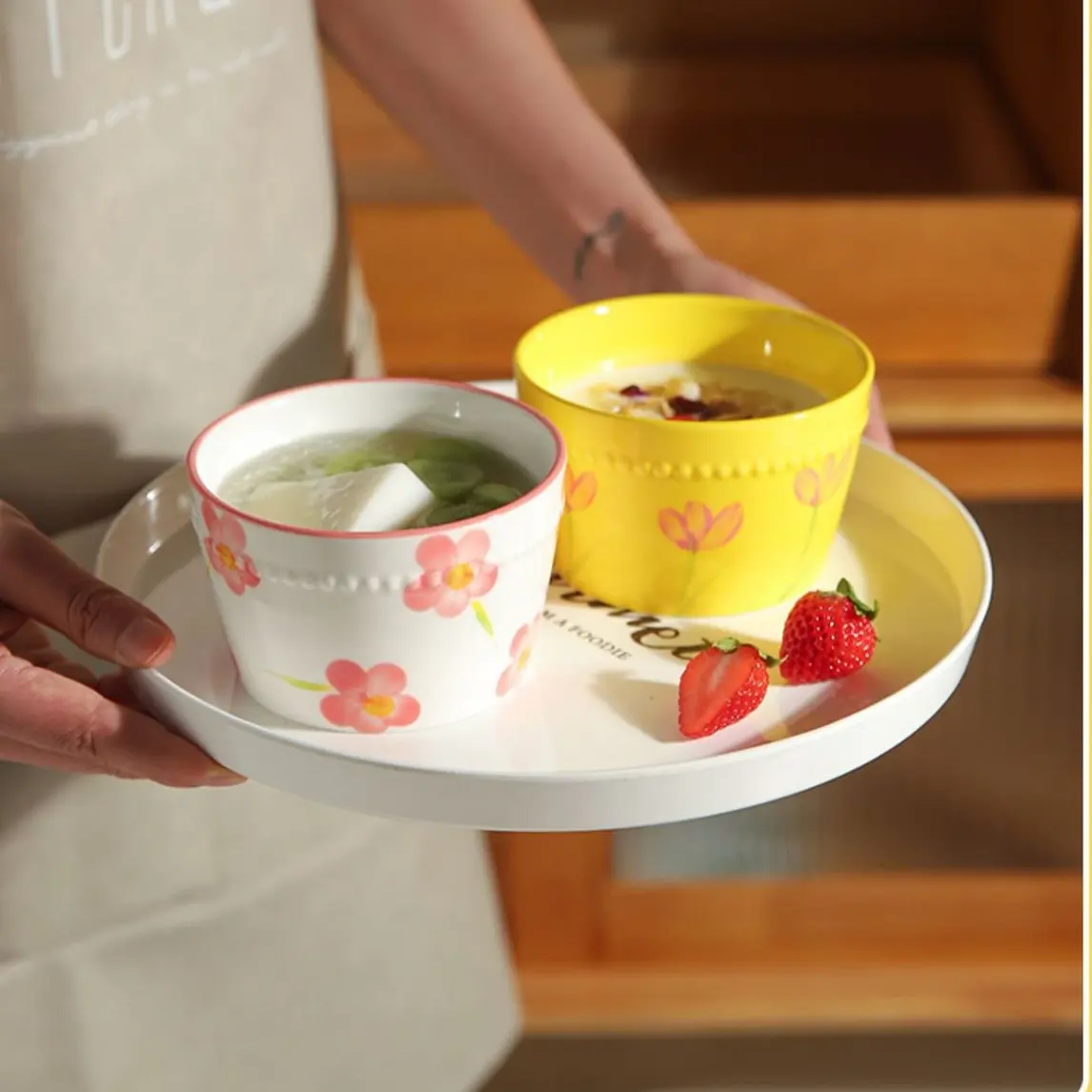Керамические миски и тарелки с ручной росписью, цветочные чашки с блюдцами, набор посуды с ложкой