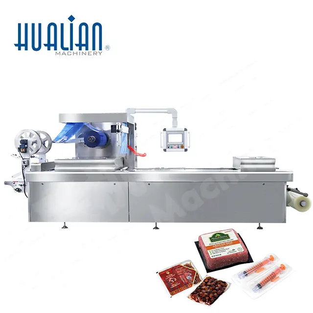 HVR-420A HUALIAN Full Automatic Bacon Salsicha Carne Alimentos Contínua Vácuo Termoformagem Formando Linha Embalagem Máquina De Embalagem