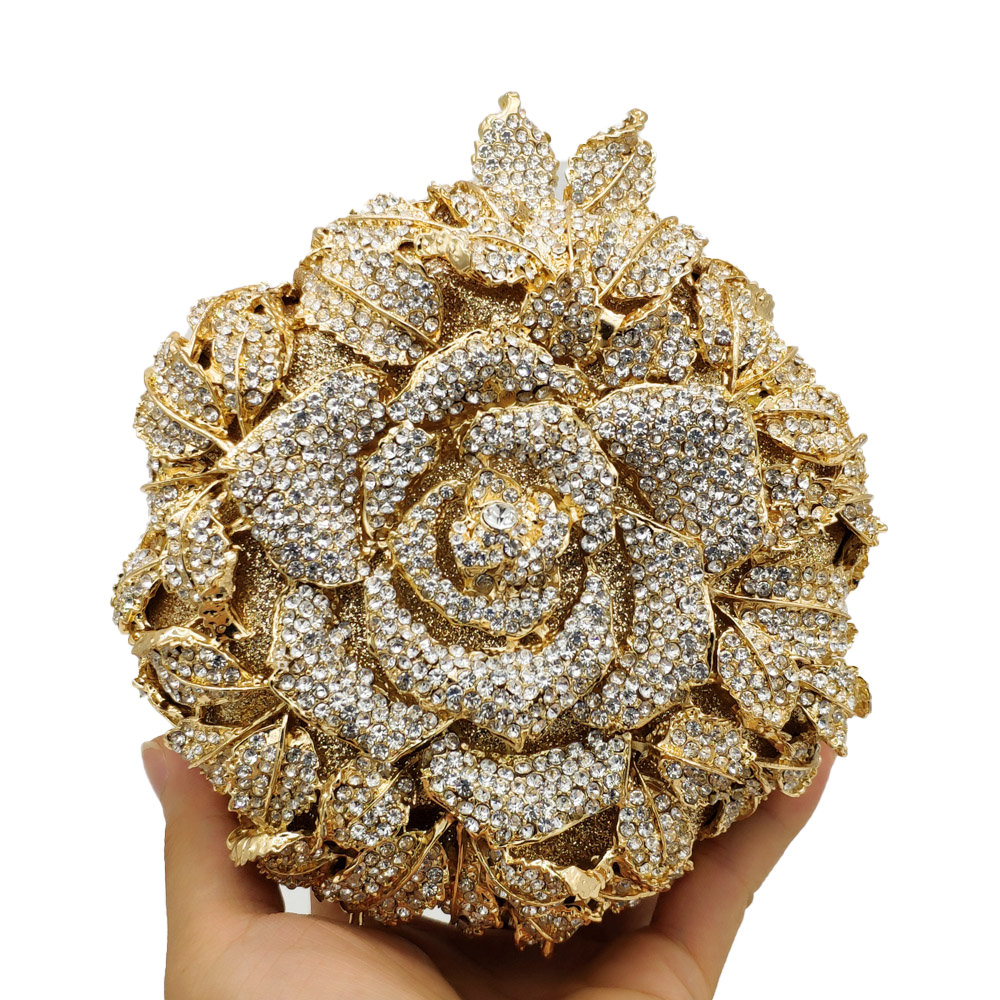 Elegant Rose Flower Women Crystal Evening Clutch Bags Bridal Floral Handbag and Purse Wedding Party Diamond fgg Bag