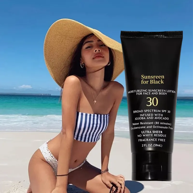 Fabricant OEM ODM, crème solaire FPS 30 pour la peau noire, lotion solaire hydratante pour le visage et le corps, sans résidu blanc