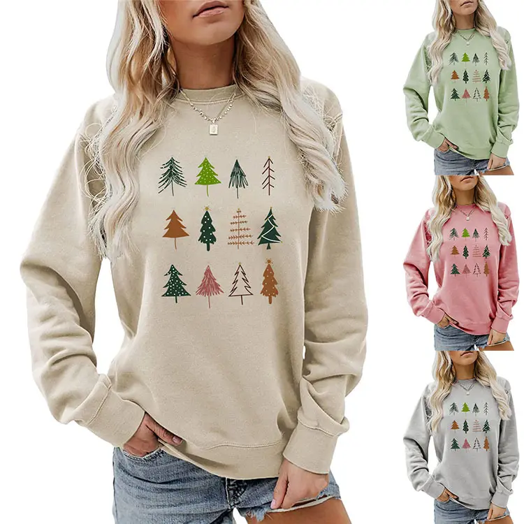 Kaus Lengan Panjang Natal Wanita, Kaus Sweater Lengan Panjang Natal Lucu Motif Pohon Natal