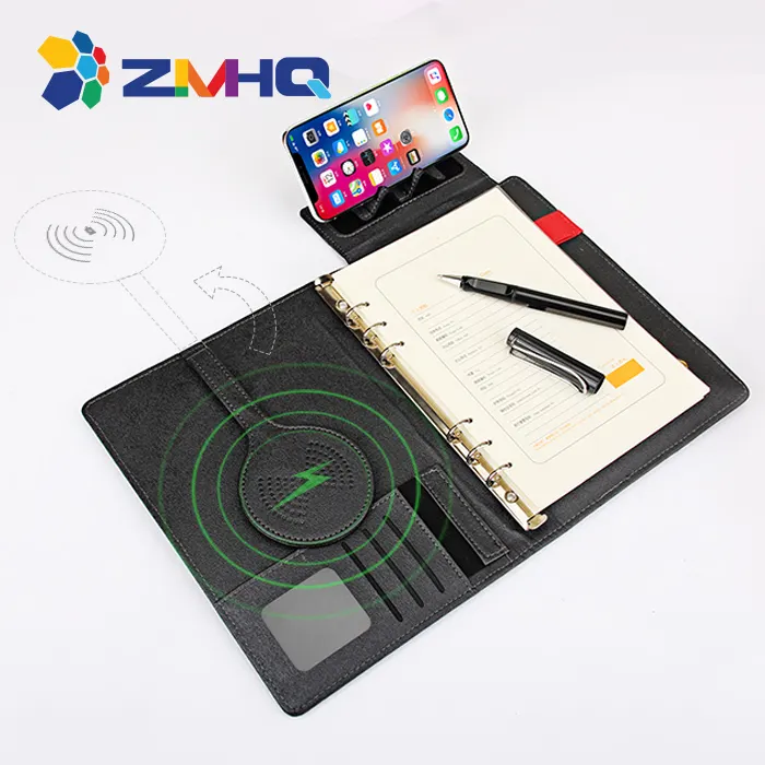 Low Moq Premium Pu Spiral ring binder Vordere Abdeckung im kabellosen Lade-Notebook mit Power bank