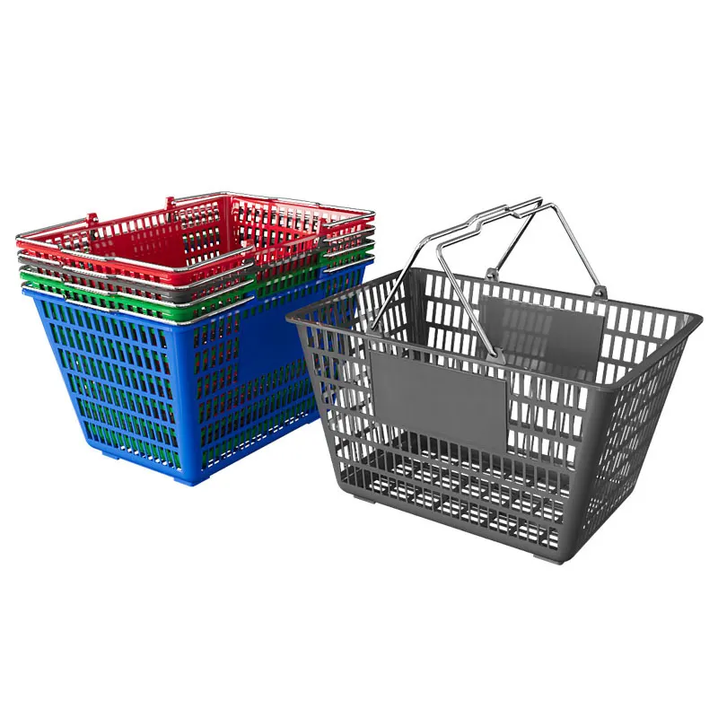 Commercio all'ingrosso Logo personalizzato impilabile pratico cestino del supermercato Mini cestino di plastica con maniglie per i centri commerciali