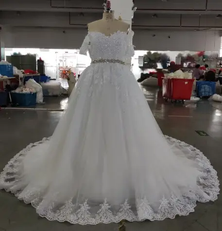 Vestido de novia de encaje con cuentas, sin hombros, con cinturón de diamante, imagen Real, 2021