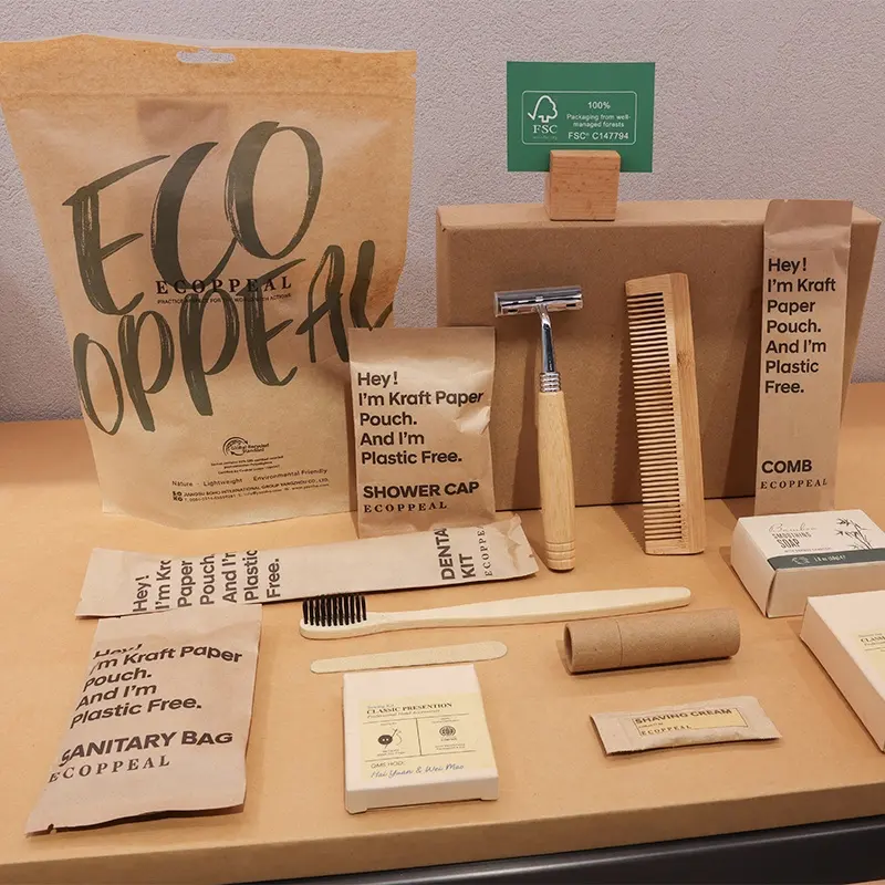 Lujo respetuoso con el medio ambiente Biodegradable Papel Kraft Hotel Habitación Desechable Servicios secos Afeitado dental Vanidad Kit de costura