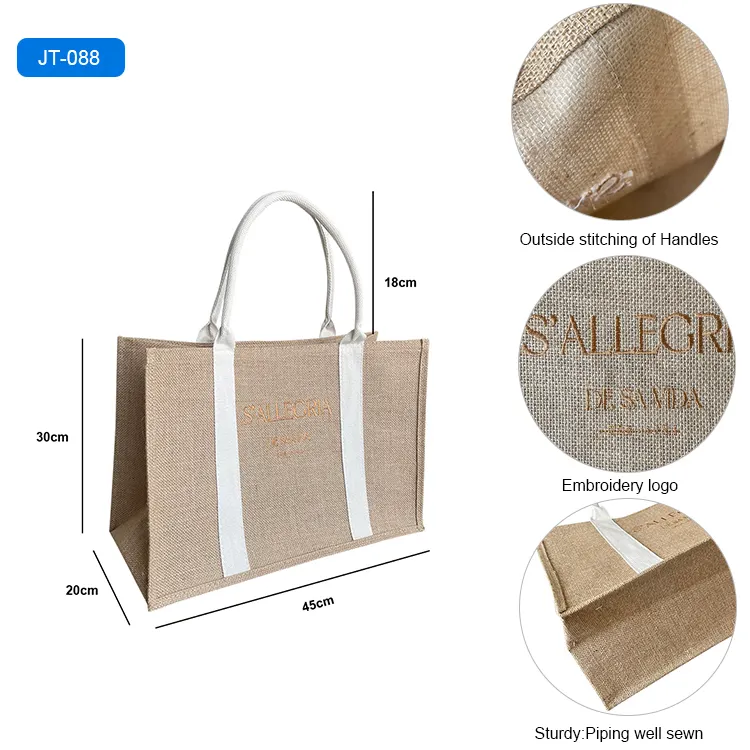 Venta al por mayor bolso de compras liso impreso personalizado grande natural ecológico bordado logotipo arpillera yute compras bolsa de playa
