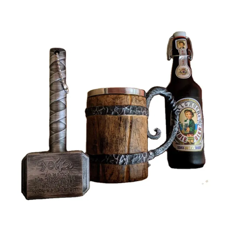 Vintage Fälschlicher Holzfass Bierbecher mittelalterlicher retro-Viking-Edelstahl großer Kaffeebecher Stein-Tankbecher