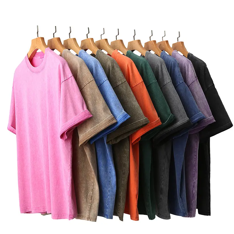 Kaus desain kustom 230g katun murni kelas berat Batik ketat dicuci bahu turun katun Vintage T Shirt untuk pria
