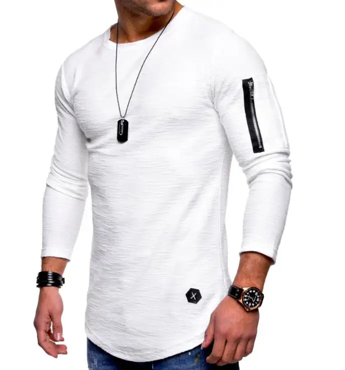 Camiseta masculina com ponta curvada, decote redondo, manga longa, zíper, de comprimento curvada, bainha
