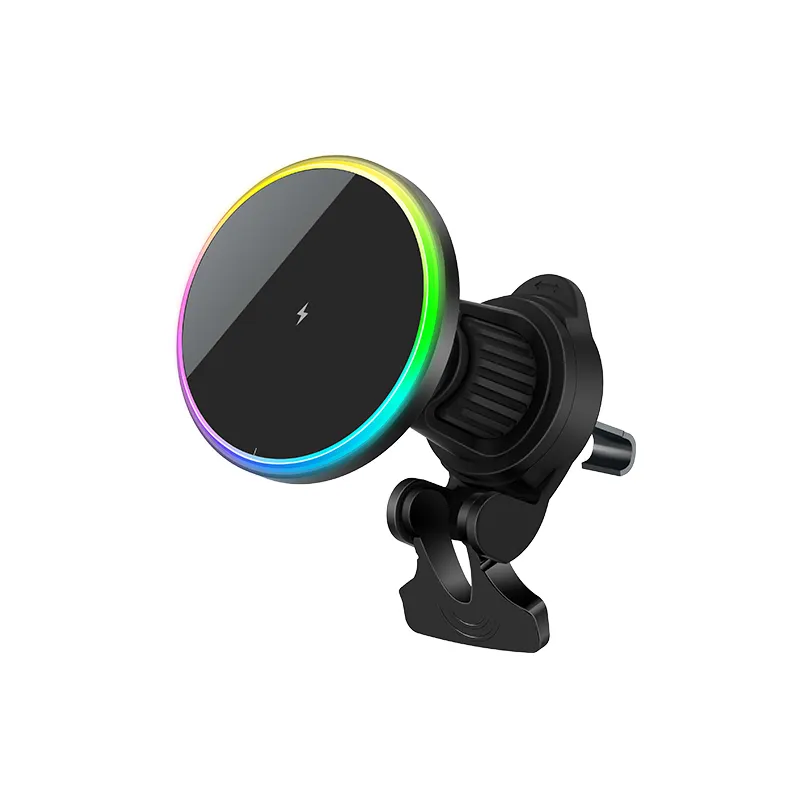 2024 New Products Colorful RGB Ambient Light 15W Magnetic Wireless Car Charger Stable Phone Holder Station Hook Rotation Qi Car