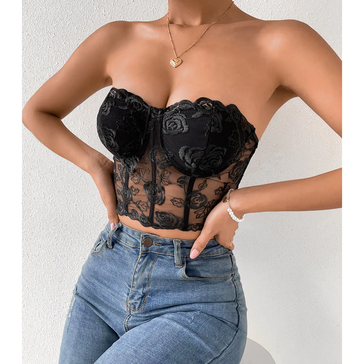 Black Women Three Dimensional Flower Steel Ring Wrapped Breast Off Shoulder Small Vest Corset Women's Corset Tops