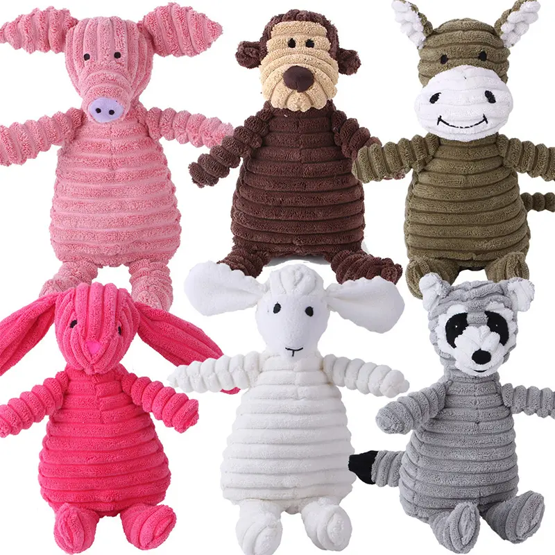 Venta al por mayor gran oferta de alta calidad de pana de peluche de oveja mono cerdo pato animales perro masticar peluche chirriante juguetes para perros