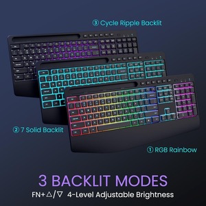 Teclado de ordenador ergonómico recargable RGB con reposamanos, teclado de membrana inalámbrico con teclas Silenciosas Para PC, ordenador portátil - Product Image 2