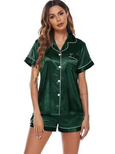 热销时尚缎面女式睡衣新款提花冰丝薄款春秋短袖家居服套装