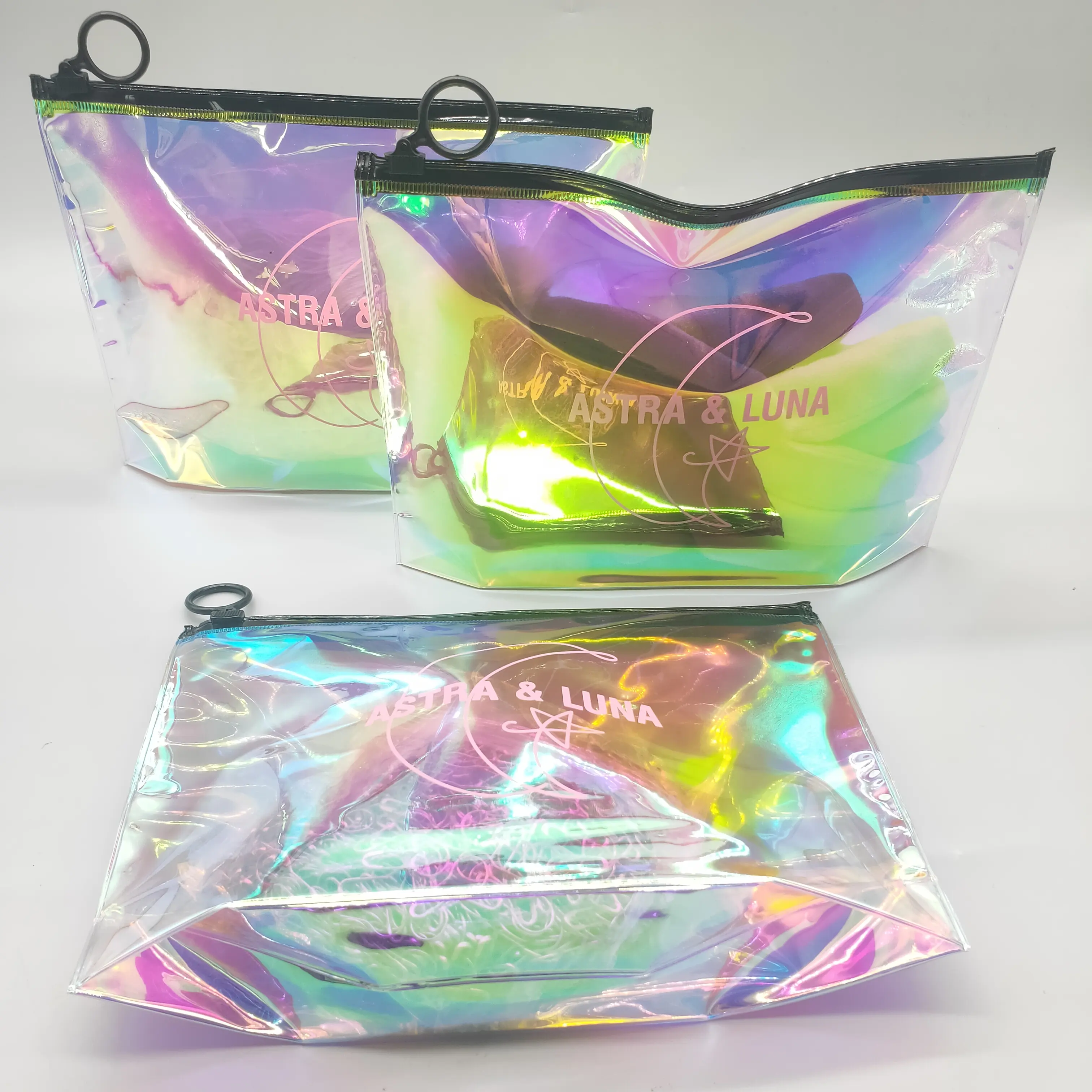 Luxus Elegante PVC-Tasche Holo graphische Laser-Kunststoff-Druck verschluss tasche für Kleidung/holo graphische Schmink tasche mit Metall reiß verschluss