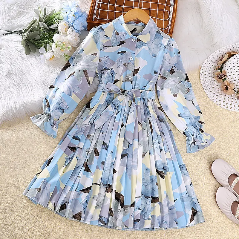 2023 Primavera Outono Novas Crianças Roupas Adolescente Moda Camisa Vestido Floral Imprimir Manga Longa Princesa Plissado Saia Vestidos Para Meninas