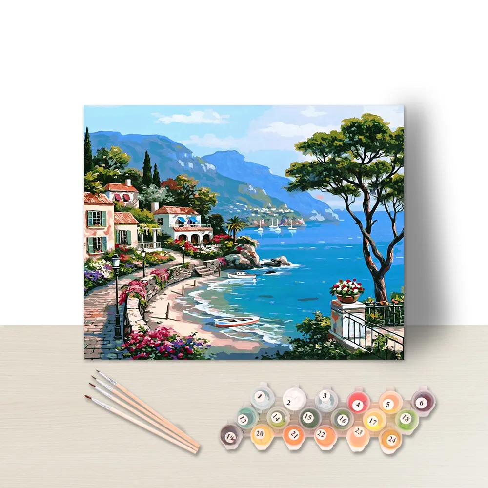 Alibaba vendita calda 30x40 40x50 immagine personalizzata Seascape House Landscape pittura a olio fai da te con i numeri