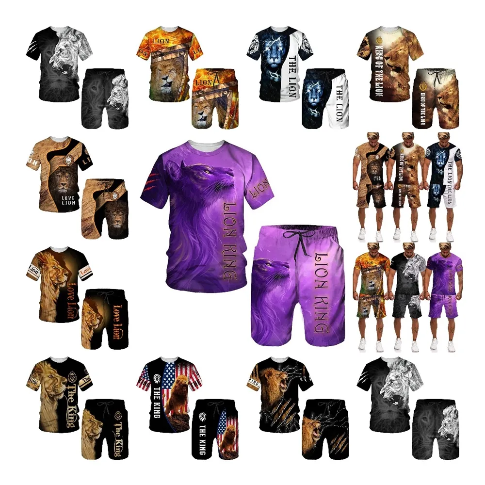 Shorts e camiseta dos homens conjunto t-shirt roupas animal leão gráfico impressões gola preta impressão 3D Mens Shorts conjunto de verão