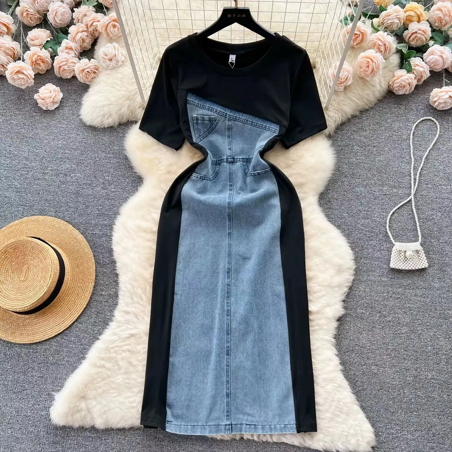 Retro vestido jeans de manga curta patchwork para as mulheres no verão com uma cintura fina e um vestido longo casual exclusivo