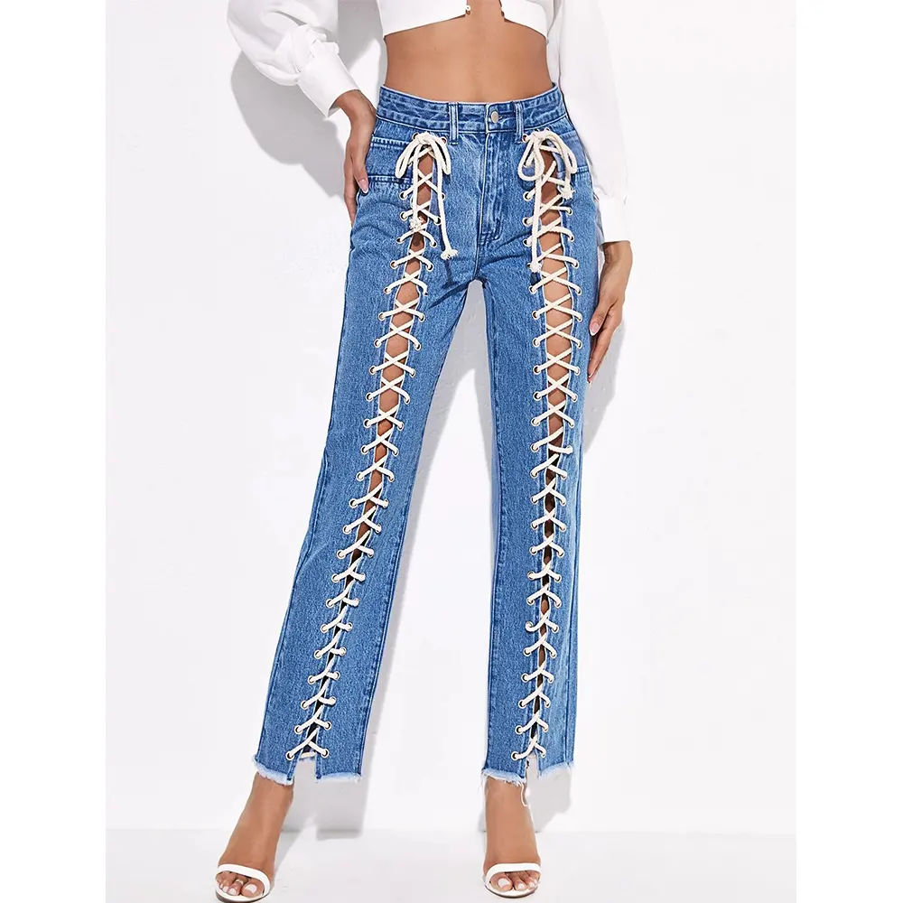 Kustom Seksi String Pantalones Lurus Tinggi Pinggang Perempuan Celana Elastis Renda Denim Jeans Wanita