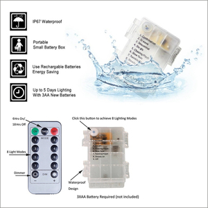 Control remoto a prueba de agua Temporizador de 8 modos LED Cadena de luces de hadas de cobre Iluminación de vacaciones con pilas - Product Image 2