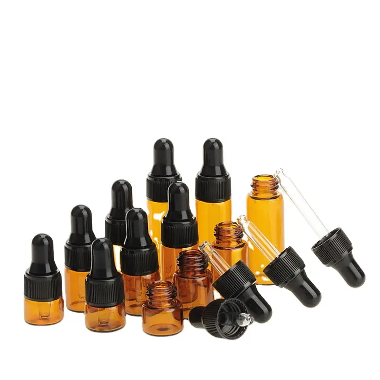 1ml 2ml 3ml 5ml ätherisches Öl fläschchen aus bernstein farbenem Mini-Glas mit schwarzem Kunststoff deckel Proben behälter für Tropf flaschen