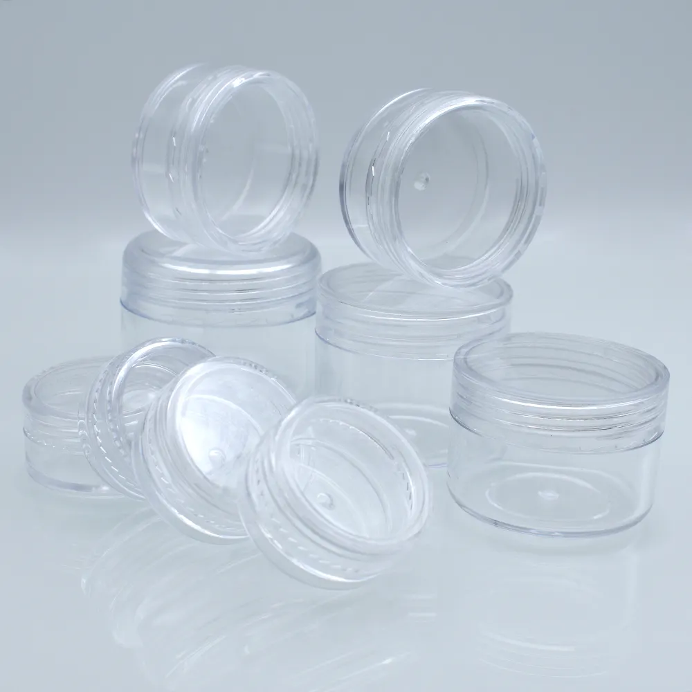 Mini vasetti di crema stampati personalizzati 50g 20 grammo 5 ml 5 ml 15g 1 oz 1 oz 10g 50 ml barattolo di polvere vasetti di plastica trasparente per unghie in gel vuoto per il corpo
