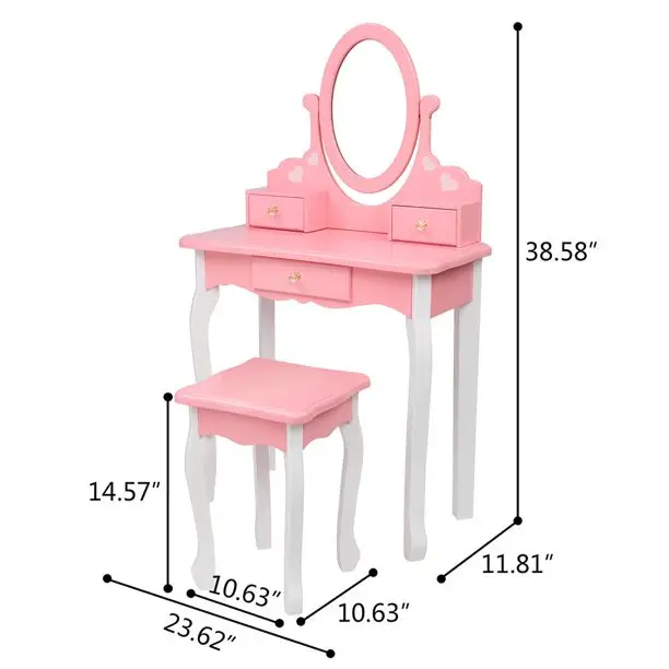 Penteadeira pequena da cor branca e rosa para o camarim moderno das meninas do quarto com espelhos e tamborete
