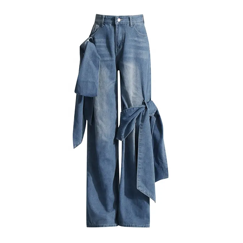 Twotwinstyle - Calça jeans feminina de cintura alta com laço e laço, moda casual chique