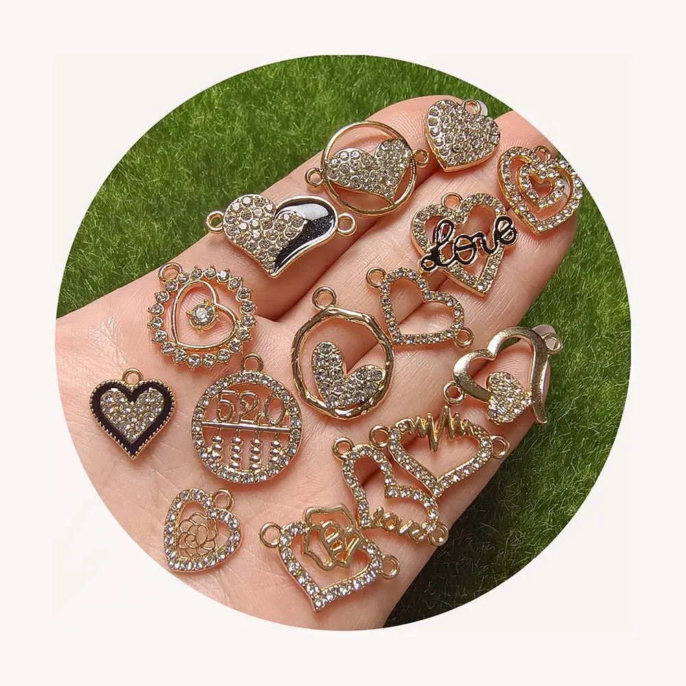 100 adet çinko alaşım Rhinestone aşk kalp kolye uçları DIY yapma Fit bilezik kolye küpe boncuk