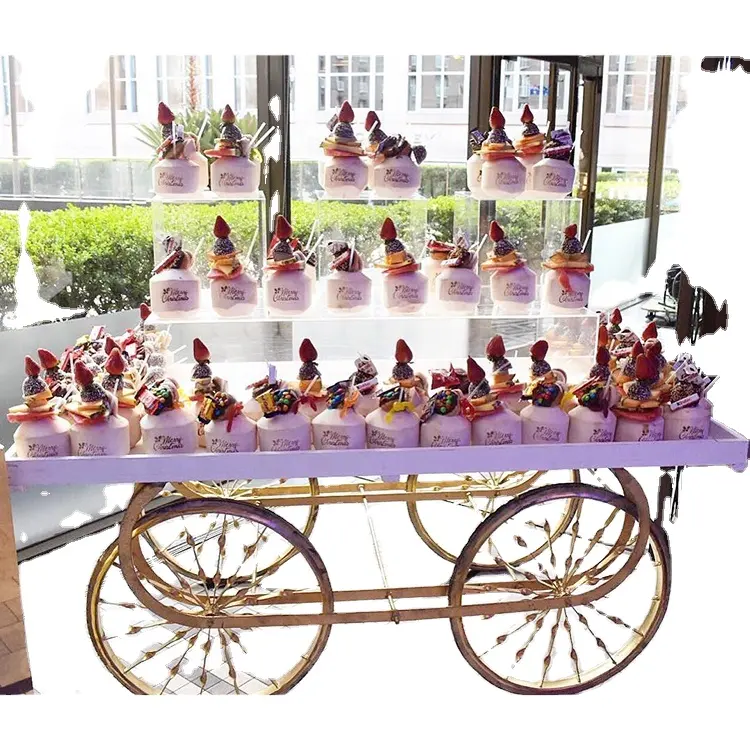 Custom Event Candy Cart with Gold Wheels Candy Bar Cart Party Decoration White Wooden Candy Dessert Trolley Carts for Wedding