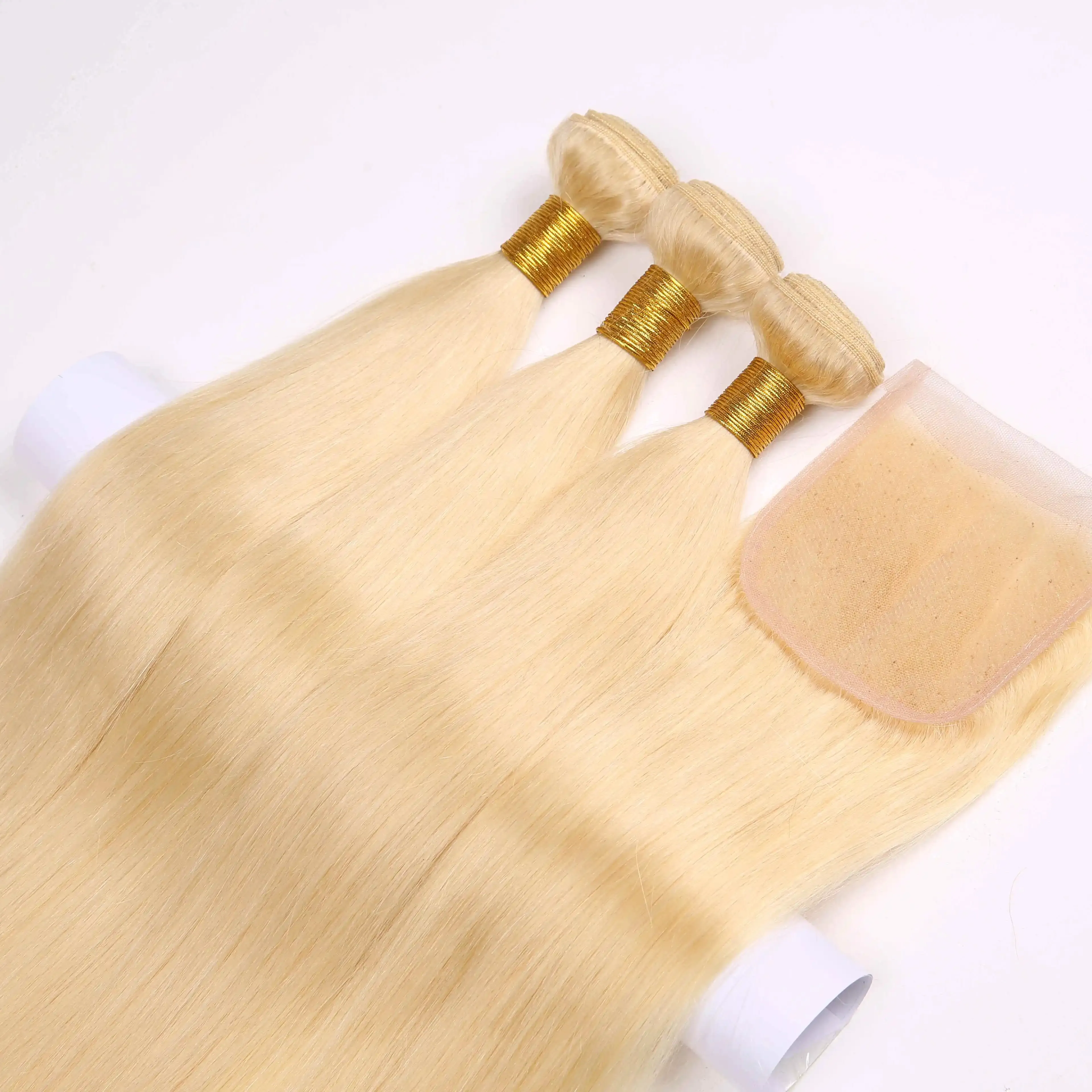 Toptan wefted insan saçı postiş kıvırcık dantel kapatma frontal saç örgü ile 613 sarışın demetleri