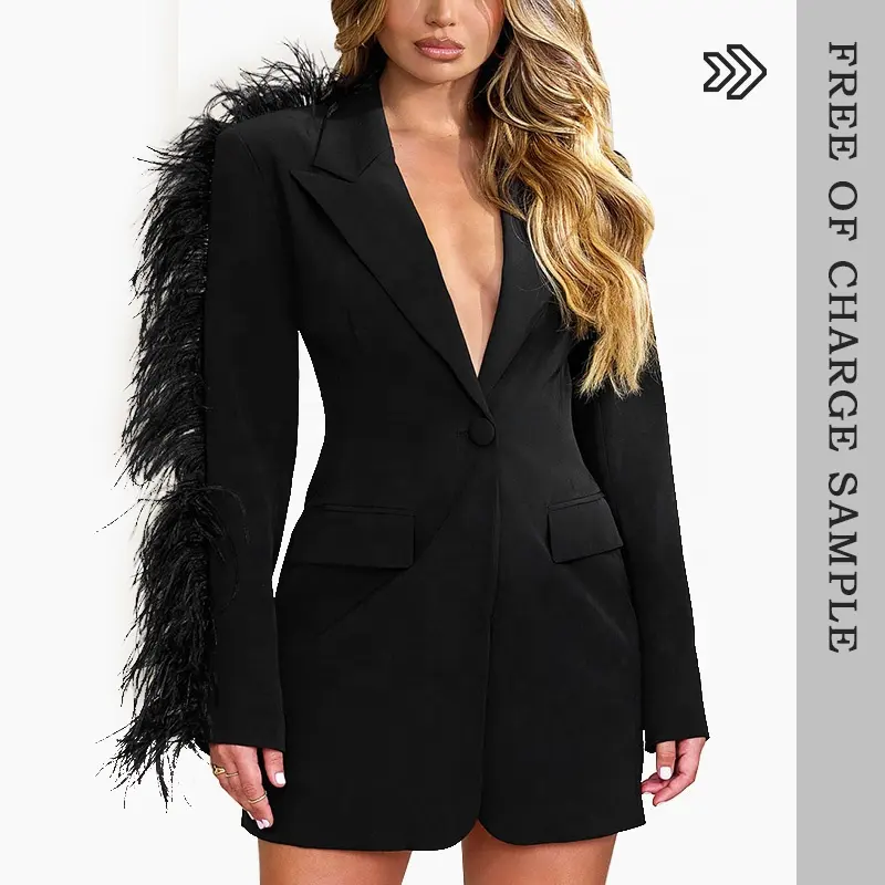 Color blanco color negro pluma abrigo mujer Blazer Mini vestidos para fiesta de oficina damas desgaste blazer trajes