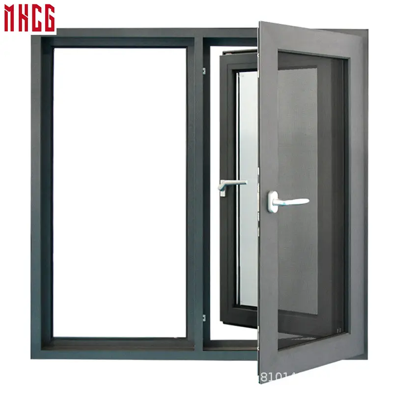 Persianas de vidrio de un solo panel para casa MHCG, ventana abatible de aluminio fijo con submarco de color negro