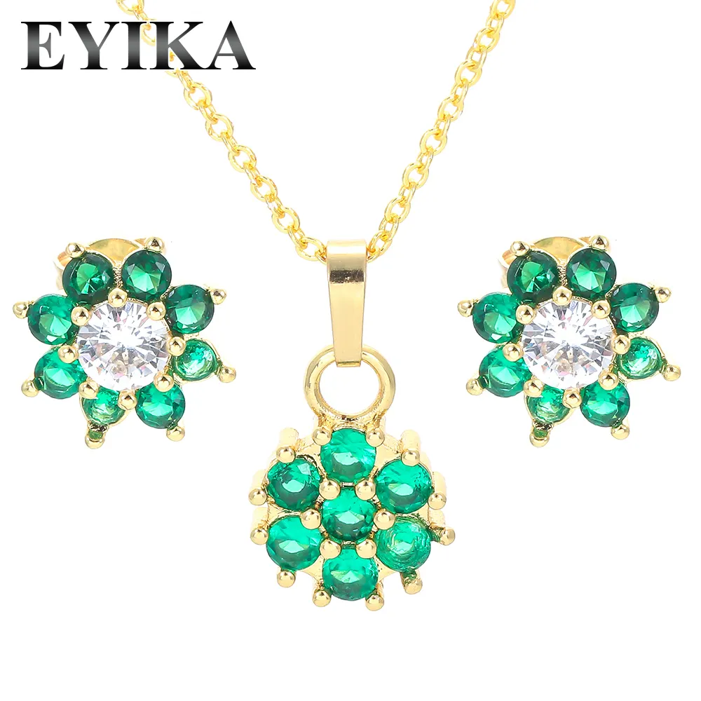 Fashion Round Circle zircone Flower Jewelry Set orecchini a bottone con fiore verde in zircone cubico placcato oro per ragazze