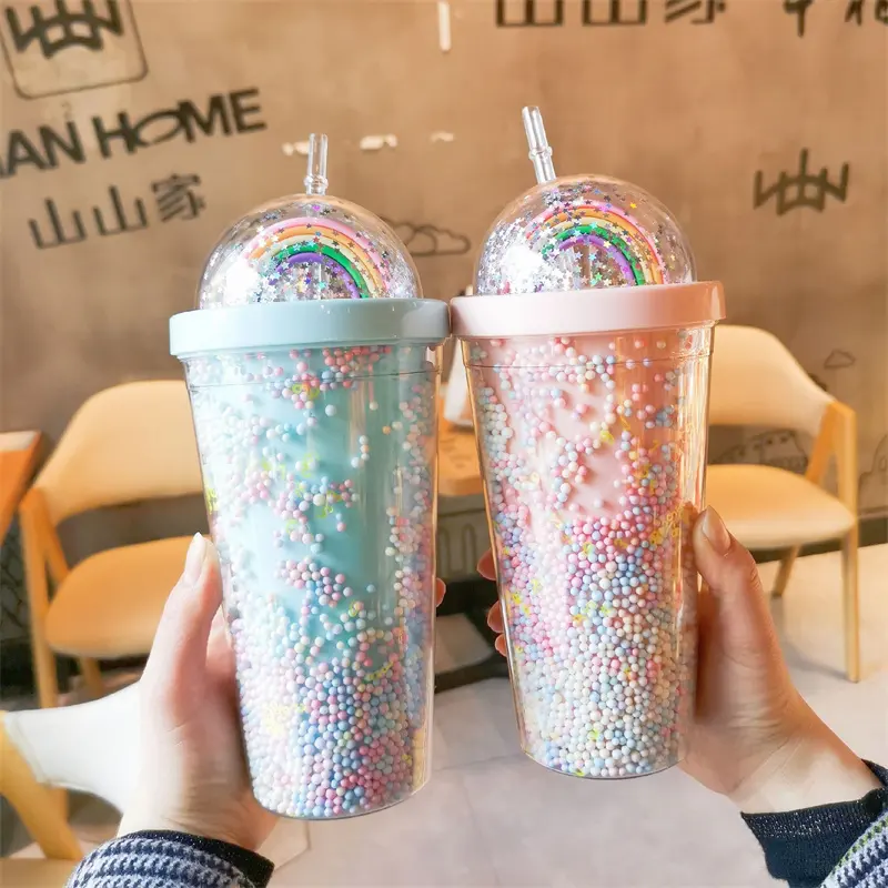 新しいキラキラ550ml女の子二重壁ジュースアイスクリーム飲用マグカップbpa無料漏れ防止旅行プラスチックタンブラーカップ蓋/ストロー付き