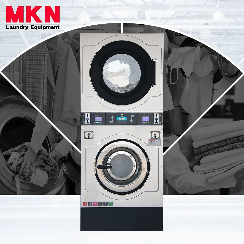 Machine à laver et machine à sécher empilées 20 kg Jeton ou carte de blanchisserie professionnelle