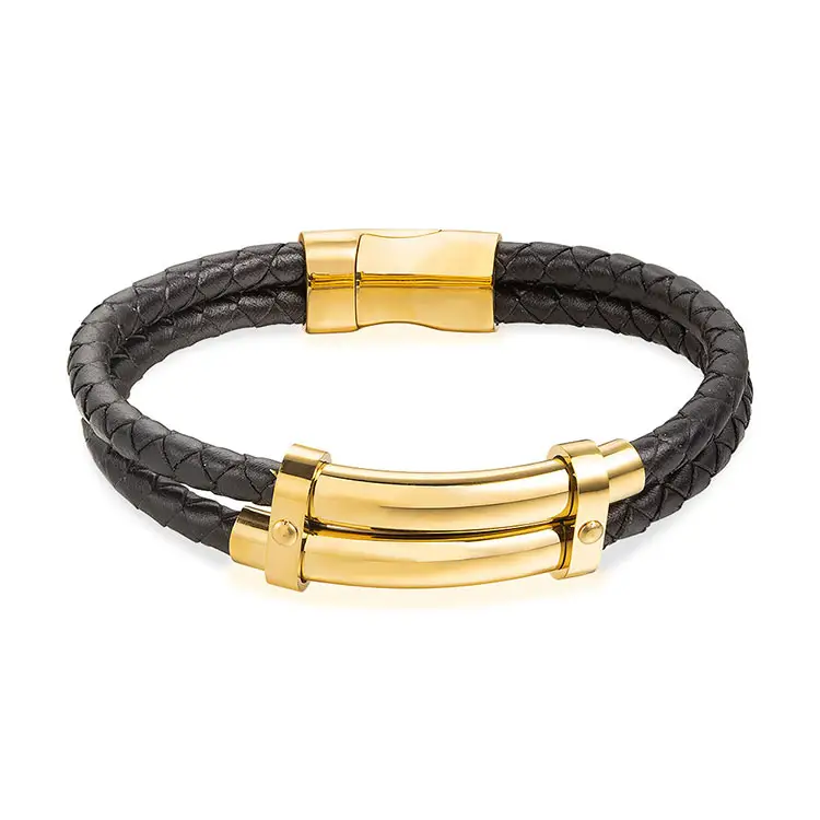 Pulsera de cuero Vintage para hombre, brazalete de acero inoxidable chapado en oro de 18K, accesorios italianos, joyería, venta al por mayor