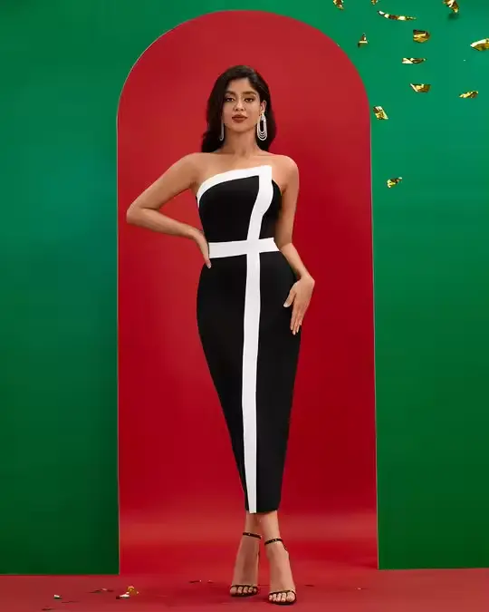 Vestido de festa elegante branco e preto com costas divididas, bodycon sem mangas, elegante, formal, 2023