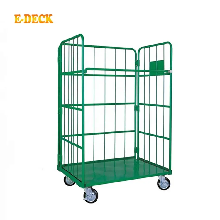 Three Sides Japanese Korean Style Storage Warehouse Wire Mesh Foldable Roll Trolley