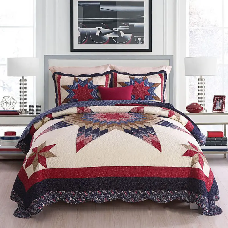 Três peças reversível algodão colcha Handmade King Size Quilt Bed Set