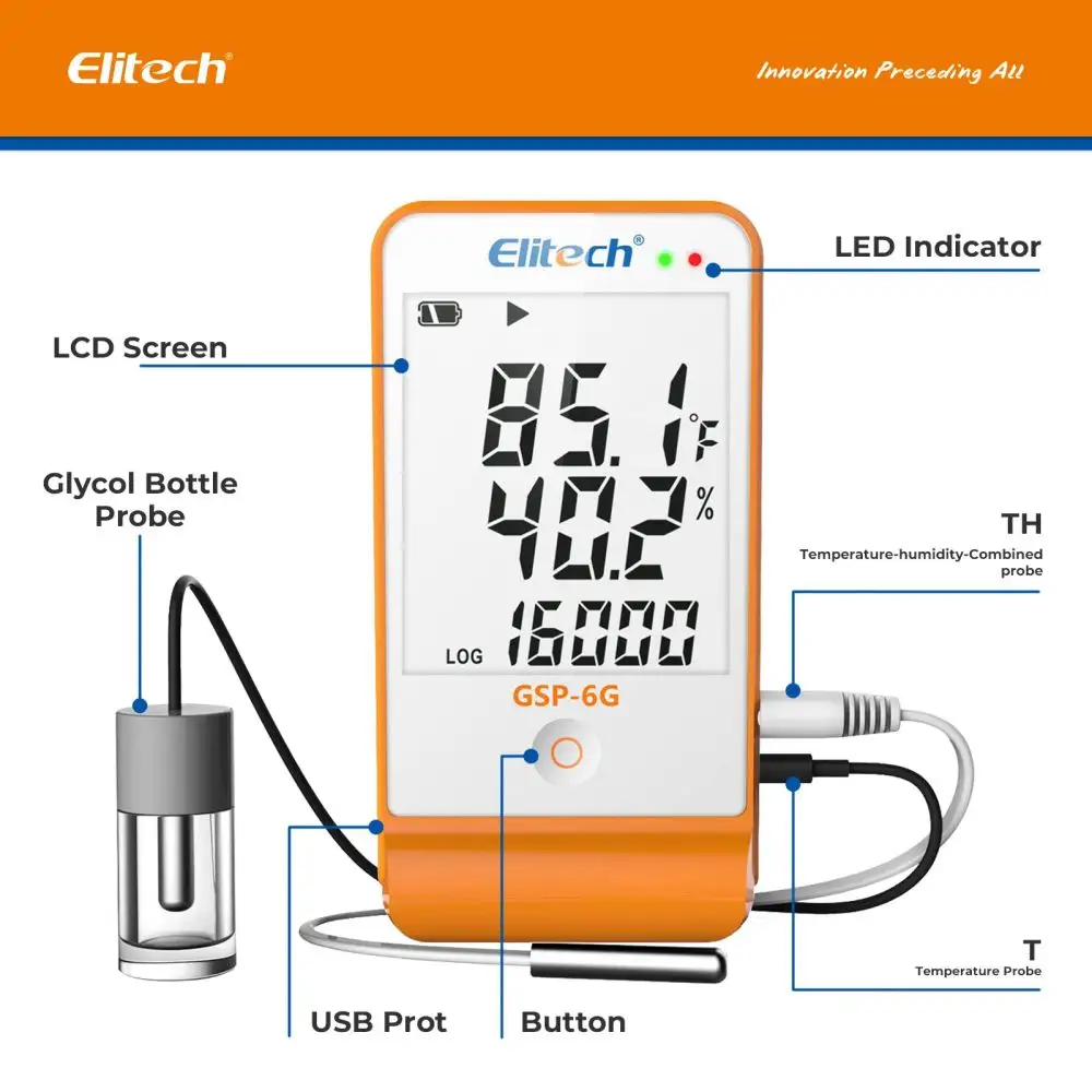 Elitech GSP-6G Large LCD Screen Temperature and Humidity Data Logger Recorder For Cooler And Refrigerator