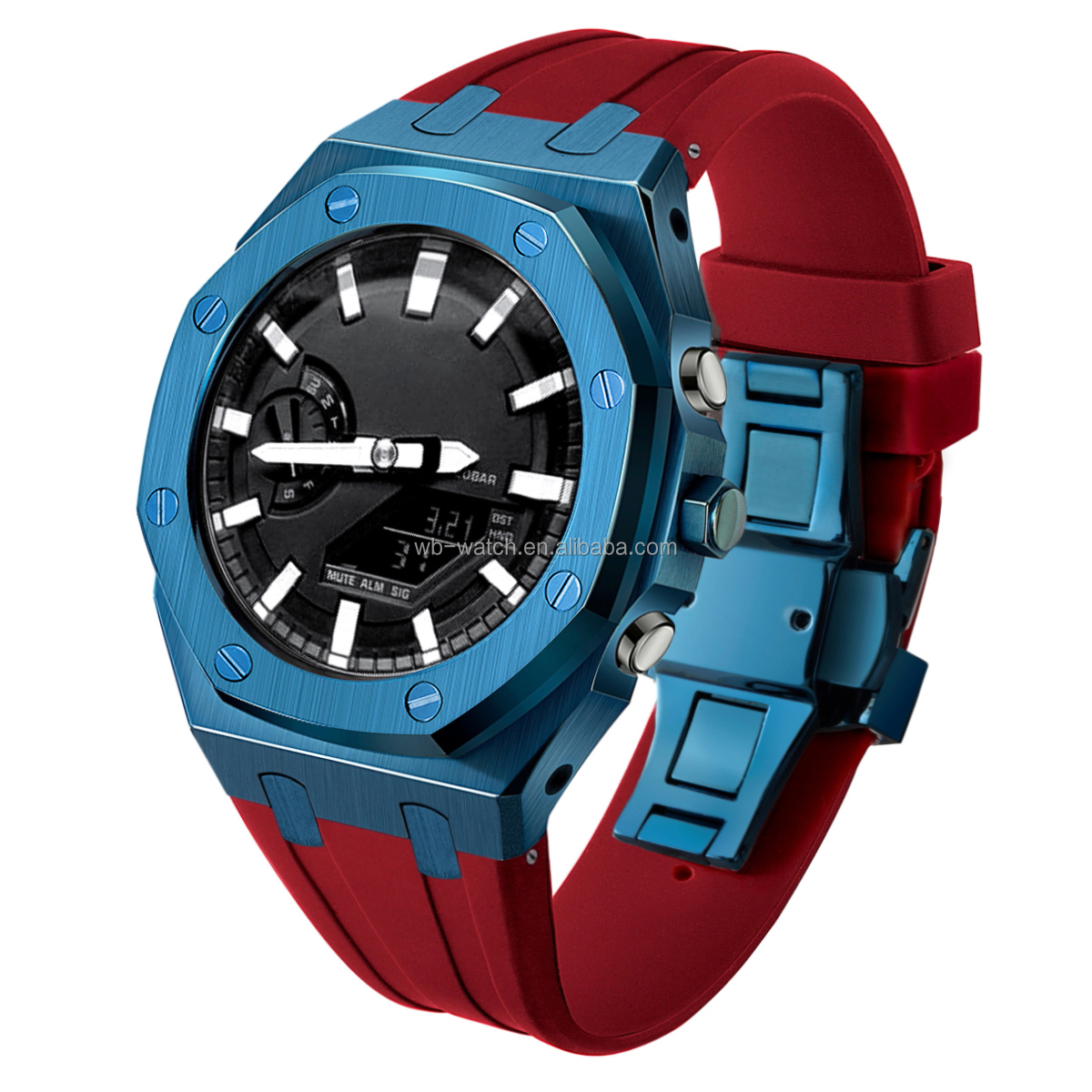 Bague bleue + boîtier bleu + bracelet rouge