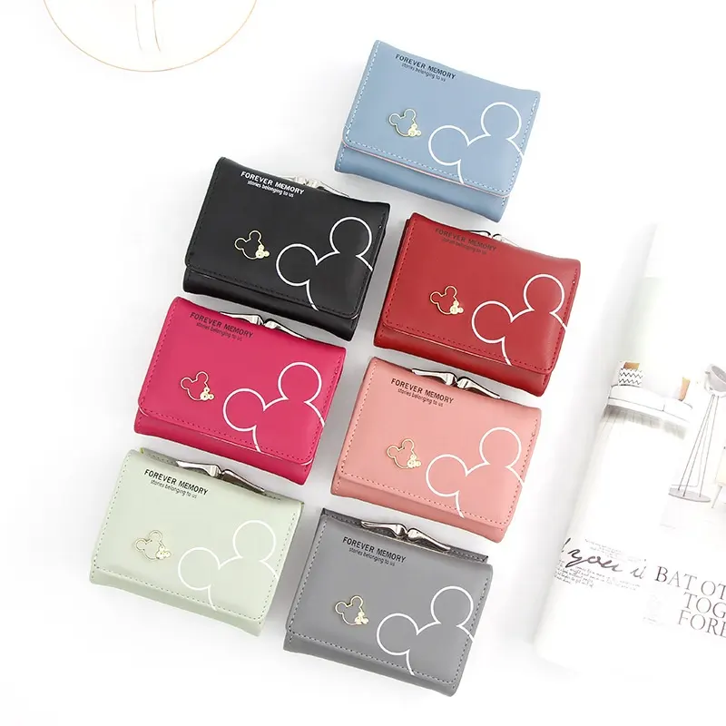 Neue heiße elegante koreanische Designer niedlichen Cartoon-Muster Pu Eisen Clip Lock Clutch Handtasche reine Farb karte Münze kurze Frauen Brieftasche