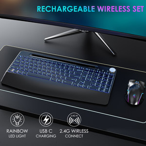 Teclado y ratón inalámbricos de 2,4G, teclado recargable con reposamuñecas RGB, perilla de volumen de ratón jiggler iluminada de tamaño completo - Product Image 2