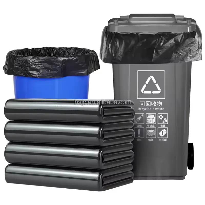 Saco de lixo de plástico para uso doméstico, saco de plástico para embalagem de 60 galões, saco de lixo para embalagem, resistente a material reciclável, preto