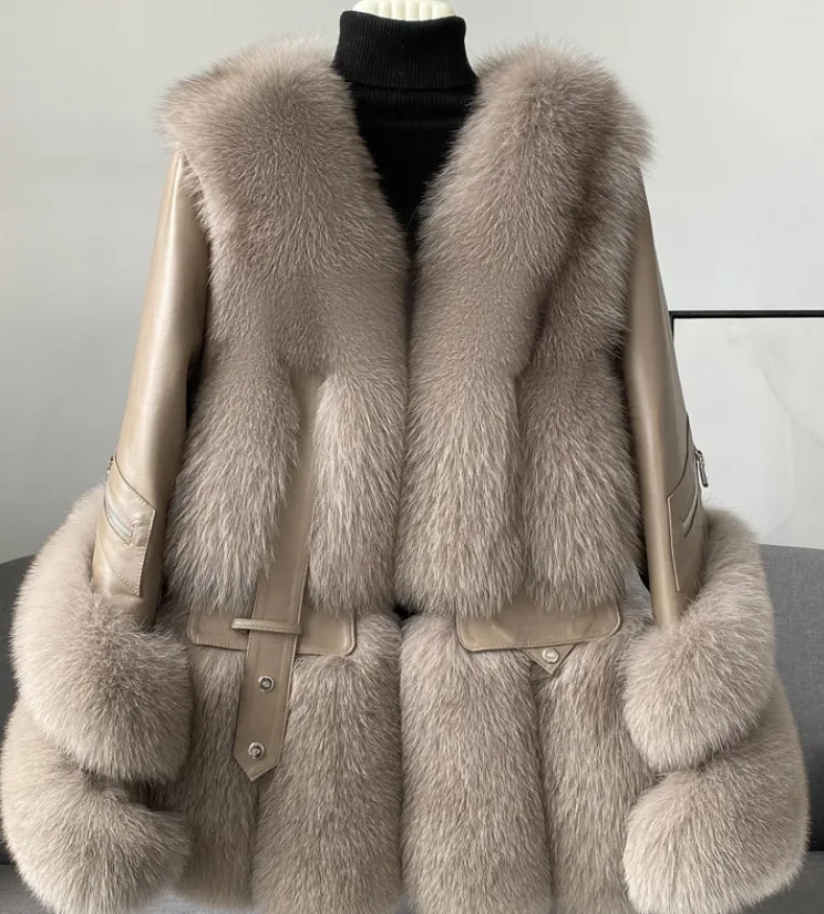 Manteau en cuir de fourrure de renard de cachemire populaire élégant de luxe femmes vraie veste chaude