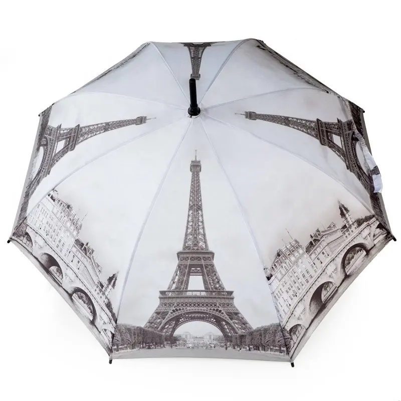 Cheap hook wooden handle custom photo digital print umbrella with Paris Eiffel Tower printing