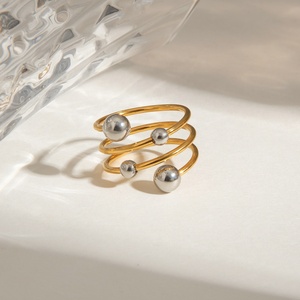 Fashionable and Versatile Titanium Steel Ring, Stainless Steel Gold and <strong>Silver</strong> Color Blocked Spherical Multi-Layer Open Ring - Product Image 4