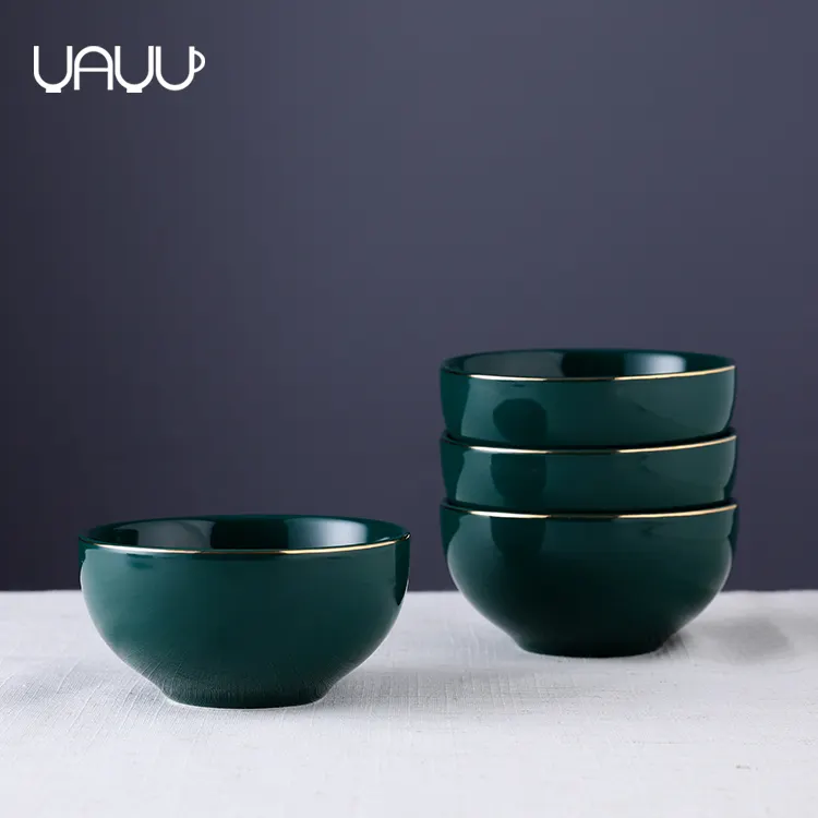 Minion conjunto de tigelas de cerâmica, conjunto de tigelas verdes redondas e profundas de boa qualidade com aro dourado